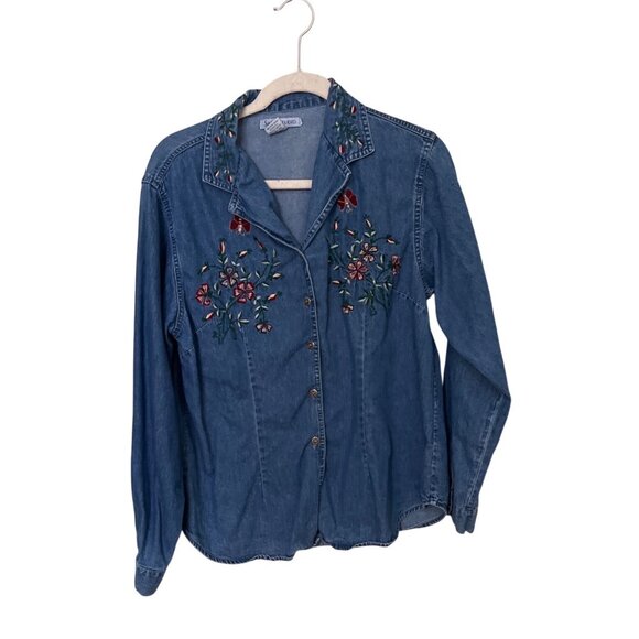 Embroidered Denim Shirt  By Sara Studio Large Cottagecore Peasant - Picture 1 of 9